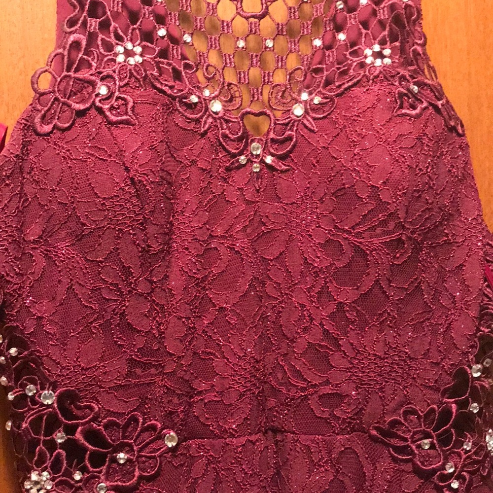 Red wine prom dress with another long slit